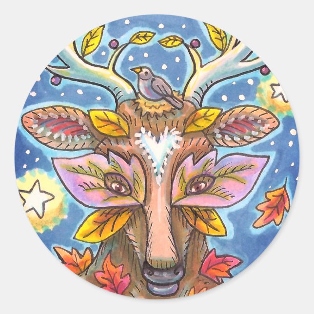 FOLK ART DEER IN AUTUMN FOREST, BIRD NEST & MOON CLASSIC ROUND STICKER (Front)