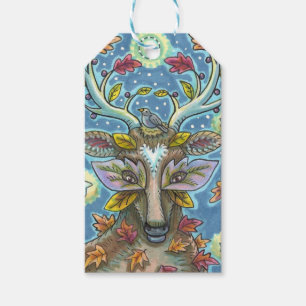 FOLK ART DEER IN AUTUMN FOREST, BIRD NEST & MOON GIFT TAGS