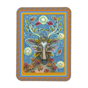 FOLK ART DEER IN AUTUMN FOREST, BIRD NEST & MOON MAGNET