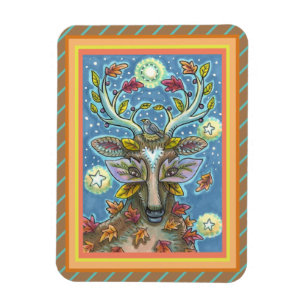 FOLK ART DEER IN AUTUMN FOREST, BIRD NEST & MOON MAGNET