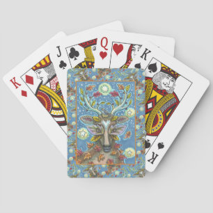 FOLK ART DEER IN AUTUMN FOREST, BIRD NEST & MOON PLAYING CARDS