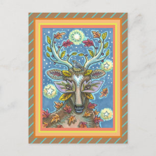 FOLK ART DEER IN AUTUMN FOREST, BIRD NEST & MOON POSTCARD