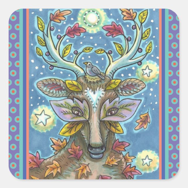 FOLK ART DEER IN AUTUMN FOREST, BIRD NEST & MOON SQUARE STICKER (Front)
