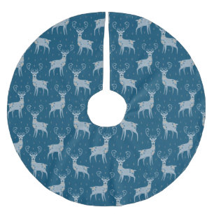 Folk Art Deer on Blue Brushed Polyester Tree Skirt