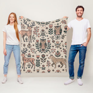Folk Art Deer Owl Wolf Nordic Blanket