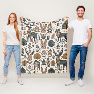 Folk Art Deer Rabbit Wolf Forest Blanket