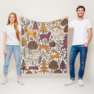 Folk Art Deer Wolf Hare Forest Blanket