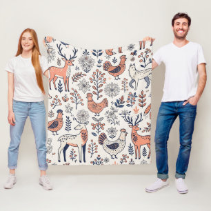 Folk Art Deer Wolf Hen Nordic Forest Blanket