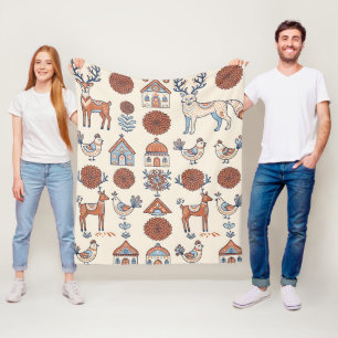 Folk Art Deer Wolf Robin Forest Blanket