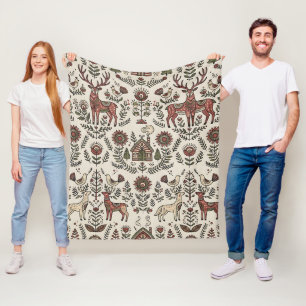Folk Art Deer Wolf Sparrow Nordic Forest Blanket