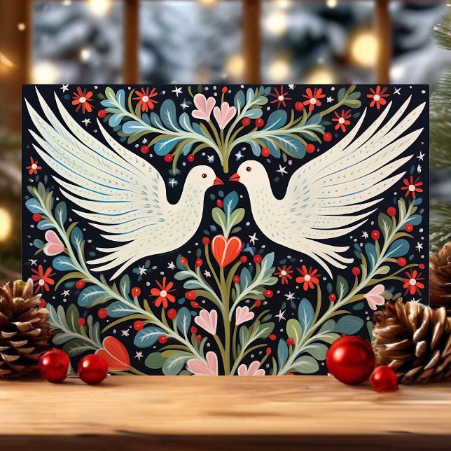 Folk Art Doves and Floral Christmas Holiday Card (Creator Uploaded)
