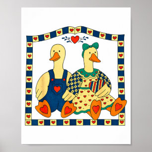 Folk Art Duck Couple With Hearts Country Farmhouse Poster