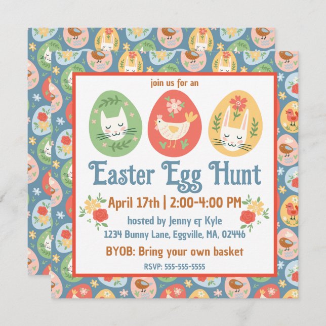 Folk Art Easter Egg Cat, Bunny, Chick Easter Invitation (Front/Back)