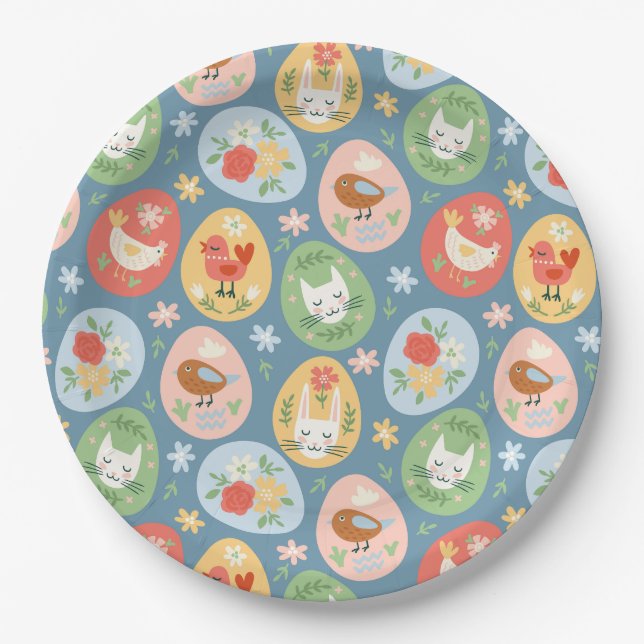 Folk Art Easter Egg Cat, Bunny, Chick Easter Paper Plate (Front)