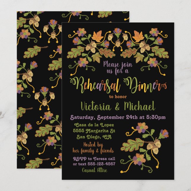 Folk Art Embroidery Fall Autumn Rehearsal Dinner Invitation (Front/Back)