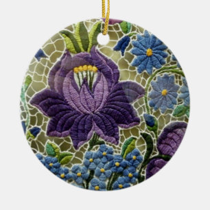 Folk Art Embroidery Flowers Ceramic Tree Decoration