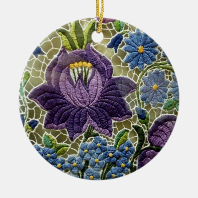 Folk Art Embroidery Flowers Ceramic Tree Decoration (Front)