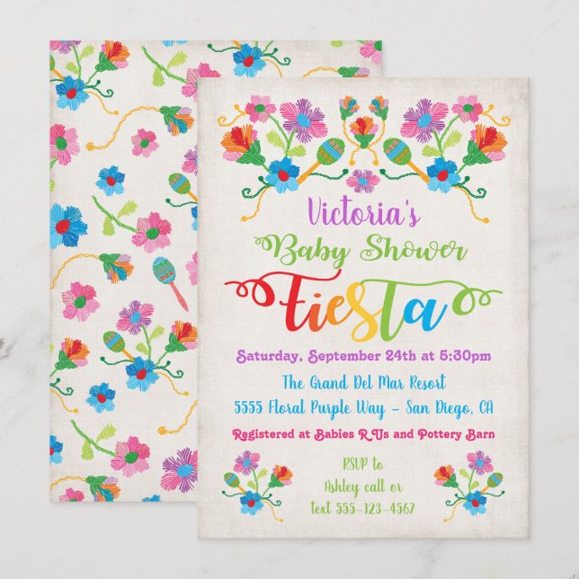 Folk Art Embroidery Mexican Fiesta Baby Shower Invitation (Front/Back)
