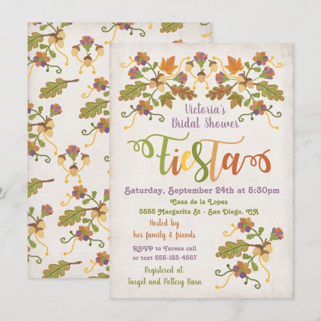 Folk Art Embroidery Mexican Fiesta Bridal Shower Invitation (Front/Back)