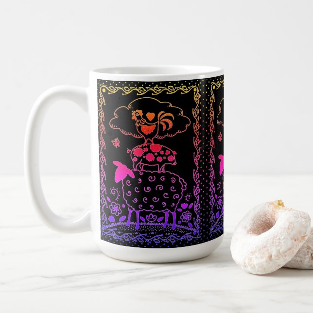 FOLK ART FARM ANIMALS SHEEP PIG ROOSTER Primitive Coffee Mug (With Donut)