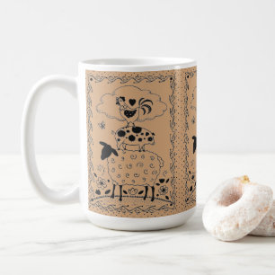 FOLK ART FARM ANIMALS SHEEP PIG ROOSTER Primitive Coffee Mug