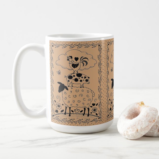 FOLK ART FARM ANIMALS SHEEP PIG ROOSTER Primitive Coffee Mug (With Donut)