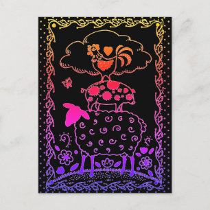 FOLK ART FARM ANIMALS SHEEP PIG ROOSTER Primitive Postcard