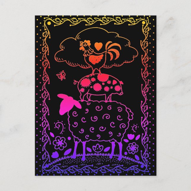 FOLK ART FARM ANIMALS SHEEP PIG ROOSTER Primitive Postcard (Front)