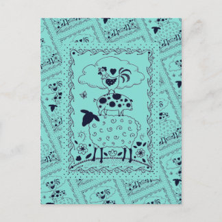 FOLK ART FARM ANIMALS SHEEP PIG ROOSTER Primitive Postcard