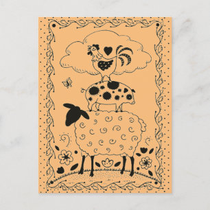 FOLK ART FARM ANIMALS SHEEP PIG ROOSTER Primitive Postcard