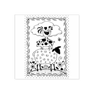 FOLK ART FARM ANIMALS SHEEP PIG ROOSTER Primitive Rubber Stamp