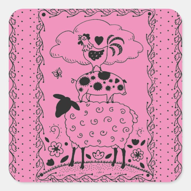 FOLK ART FARM ANIMALS SHEEP, PIG, ROOSTER SQUARE STICKER (Front)