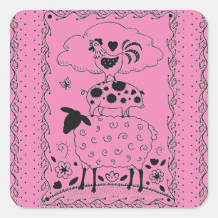 FOLK ART FARM ANIMALS SHEEP, PIG, ROOSTER SQUARE STICKER
