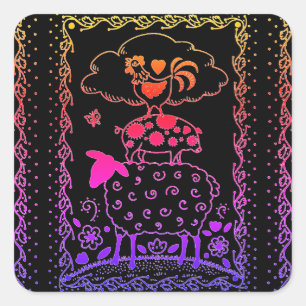 FOLK ART FARM ANIMALS SHEEP, PIG, ROOSTER SQUARE STICKER