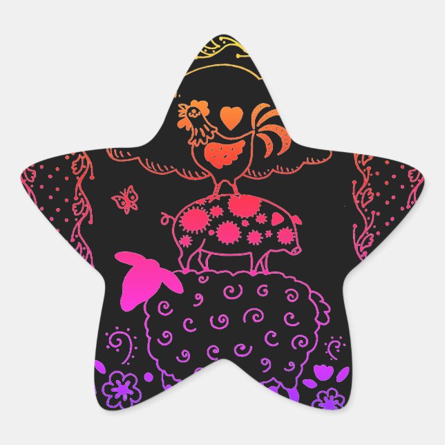 FOLK ART FARM ANIMALS SHEEP, PIG, ROOSTER STAR STICKER (Front)