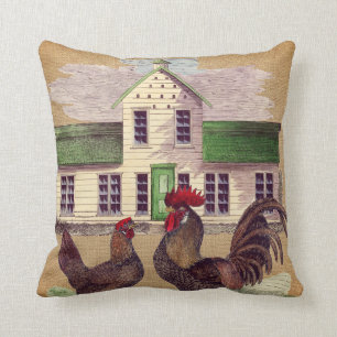 Folk Art Farmyard Chickens Rustic Design Cushion