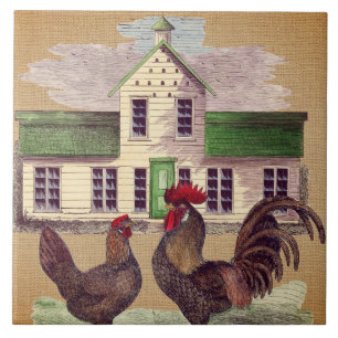 Folk Art Farmyard Chickens Rustic Design Tile