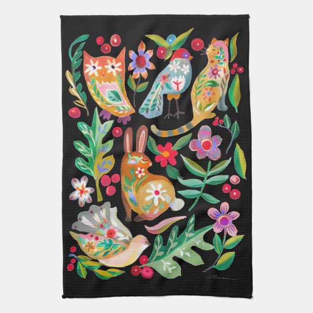 Folk Art Floral Animal Friends Black Tea Towel (Vertical)