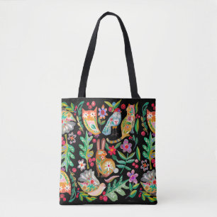 Folk Art Floral Animal Friends Black Tote Bag
