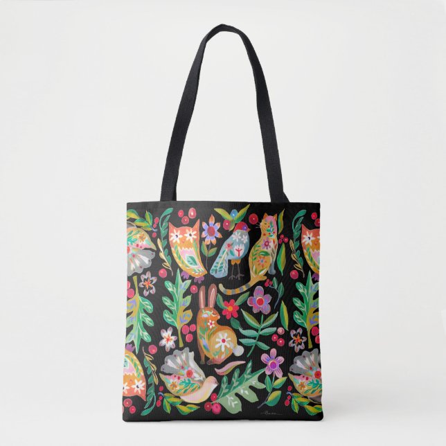 Folk Art Floral Animal Friends Black Tote Bag (Front)