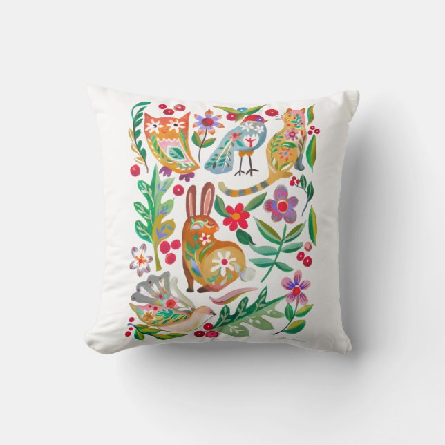 Folk Art Floral Animal Friends Customisable Cushion (Front)