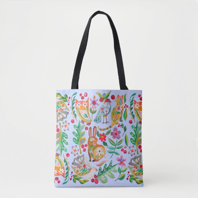 Folk Art Floral Animal Friends Customisable Tote Bag (Front)