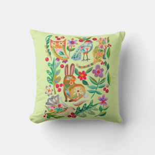 Folk Art Floral Animal Friends Pale Green Cushion