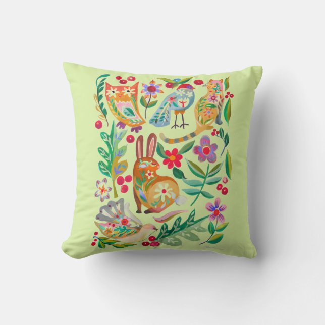 Folk Art Floral Animal Friends Pale Green Cushion (Front)
