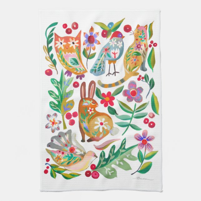Folk Art Floral Animal Friends White  Tea Towel (Vertical)