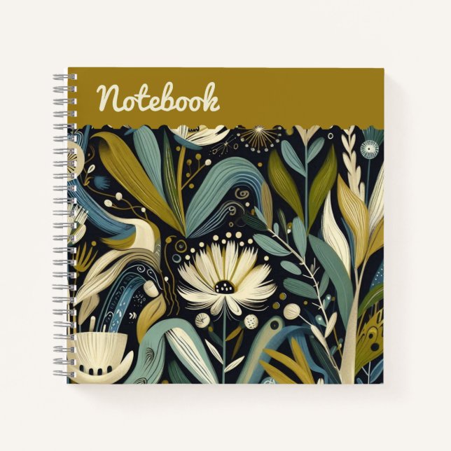 Folk Art Floral & Bird Teal Wildflowers Top label Notebook (Front)