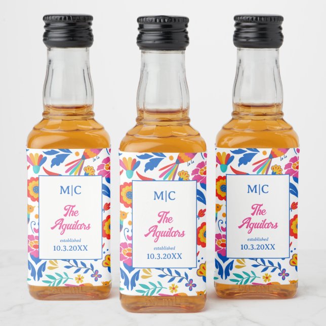 Folk Art Floral Fiesta Monogram Wedding Favour Liquor Bottle Label (Bottles)