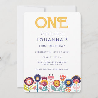Folk Art Floral Girls Number Birthday Invite