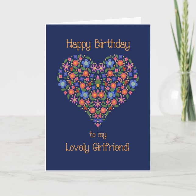 Folk Art Floral Heart Birthday Card for Girlfriend (Front)