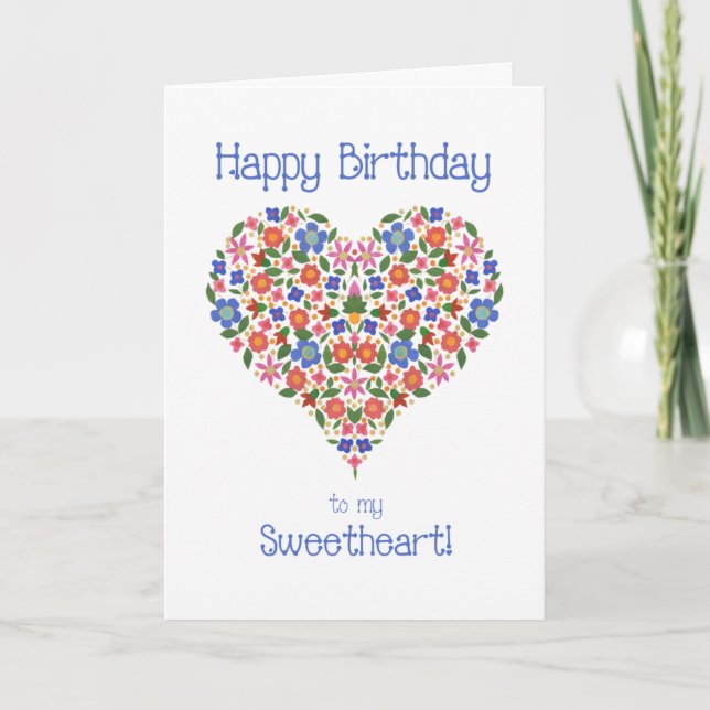 Folk Art Floral Heart Birthday Card for Sweetheart (Front)